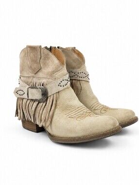 Sterling River Leather Distressed Fringe Buckled Studded Cowboy Ankle Boots 8